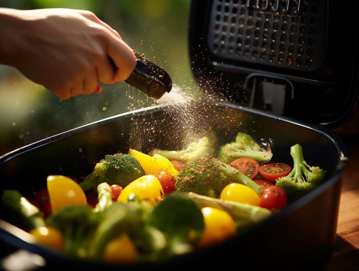 Hand lightly spraying a mist of oil onto sliced vegetables in an air fryer basket ensuring a thin and even coating