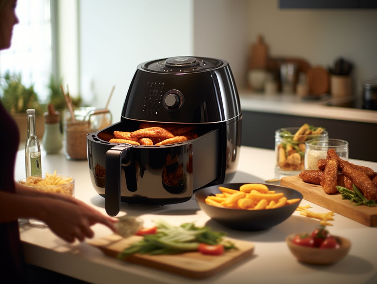 Effortlessly clean air fryer in action user wiping away grease from the fryer basket with intuitive controls and sleek design