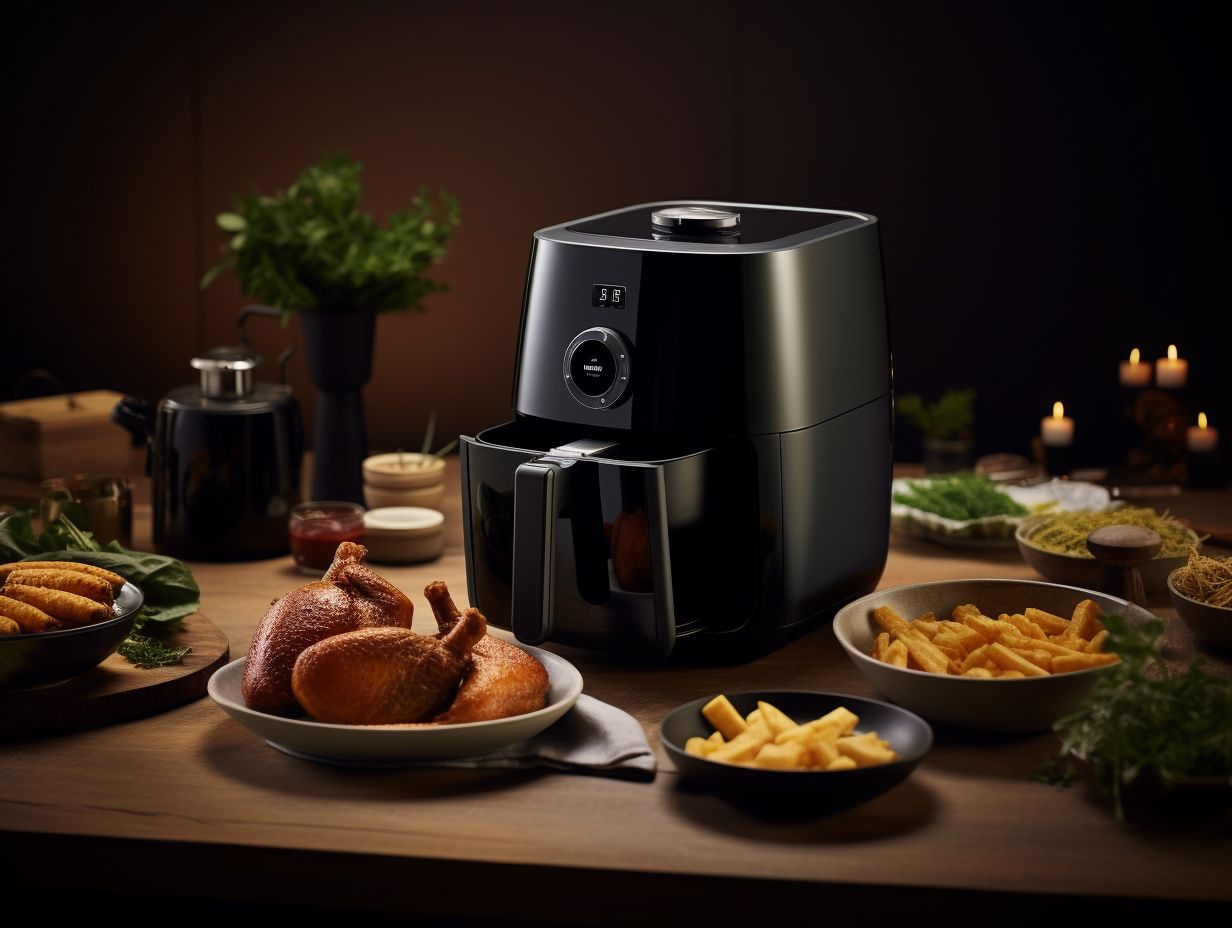 A variety of sleek, modern air fryers in different sizes and colors surrounded by fresh, vibrant ingredients.