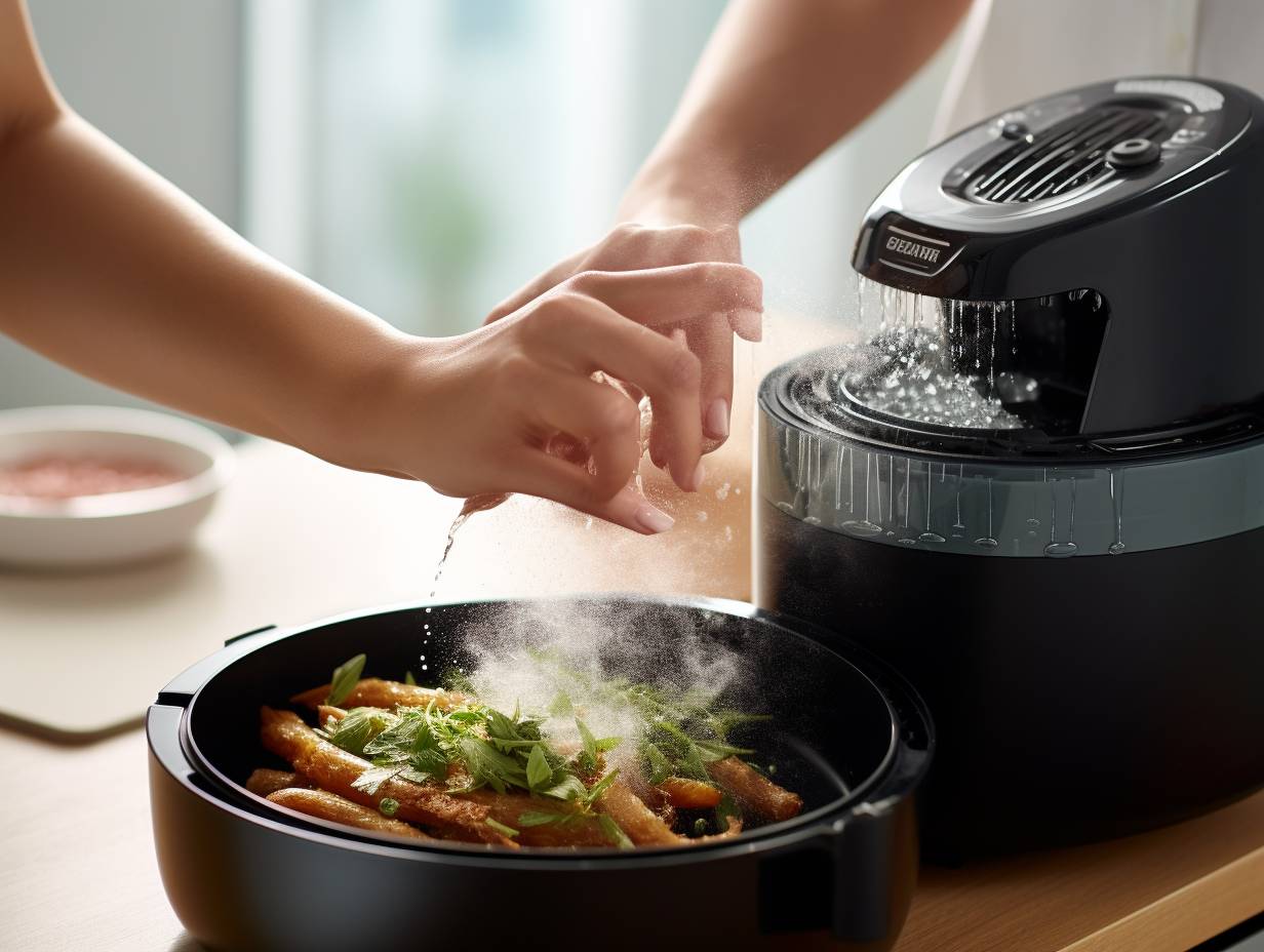 Person soaking and cleaning removable parts of an air fryer in soapy waterfilled sink