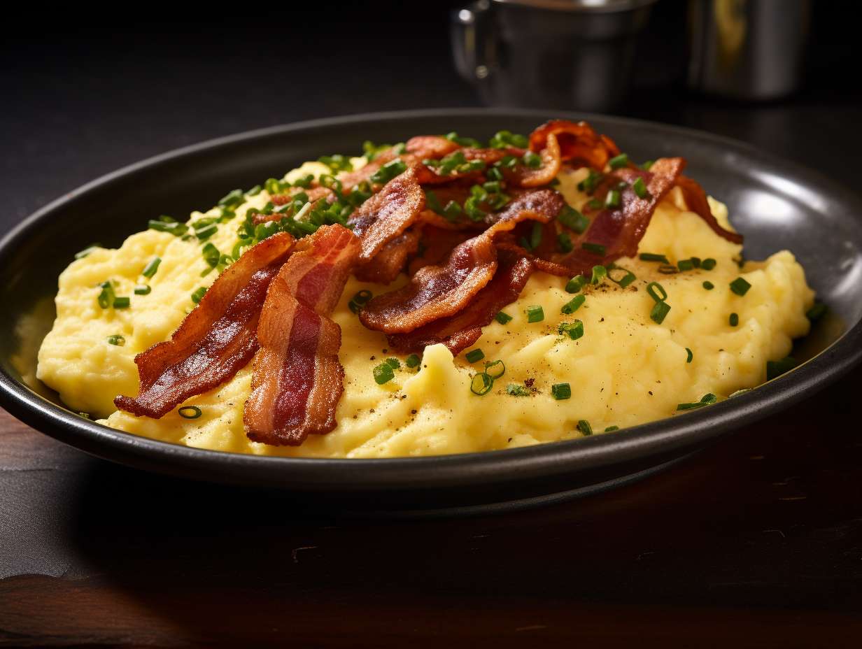 Crisp strip of air-fried bacon sizzling in a non-stick pan beside fluffy scrambled eggs speckled with black pepper and topped with chives