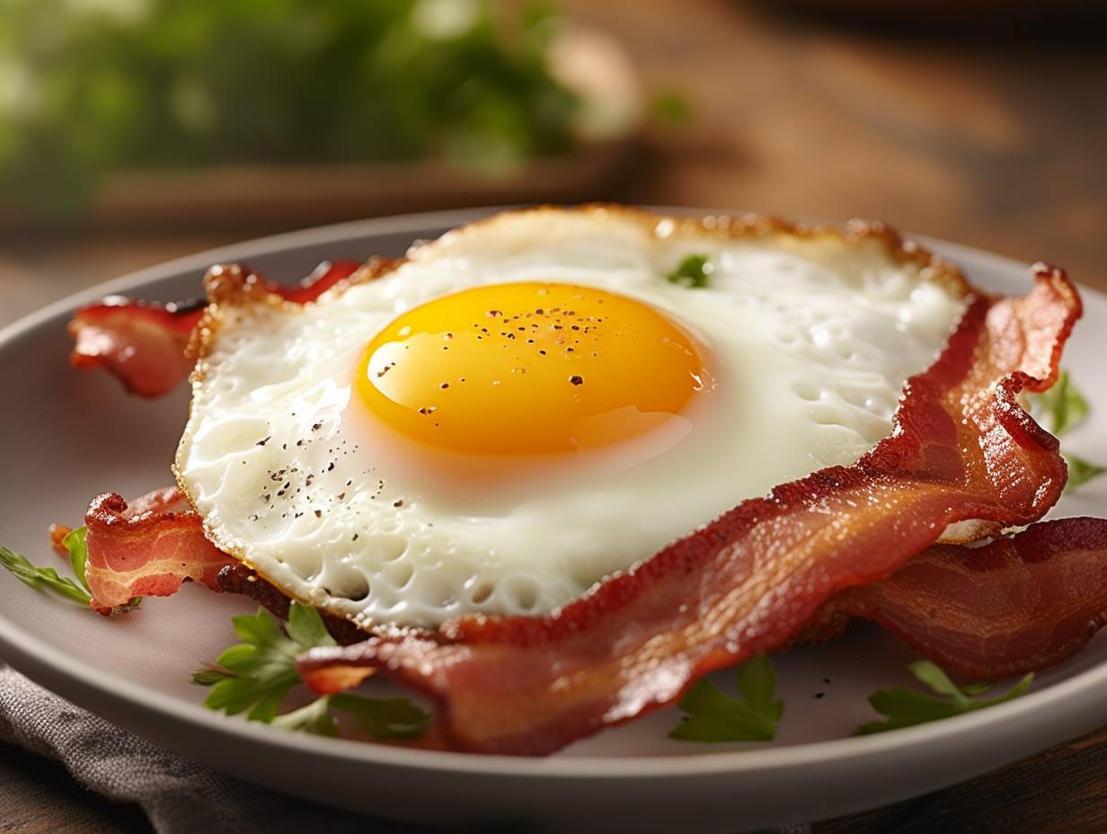 Sizzling bacon and sunnysideup egg cooking in an air fryer