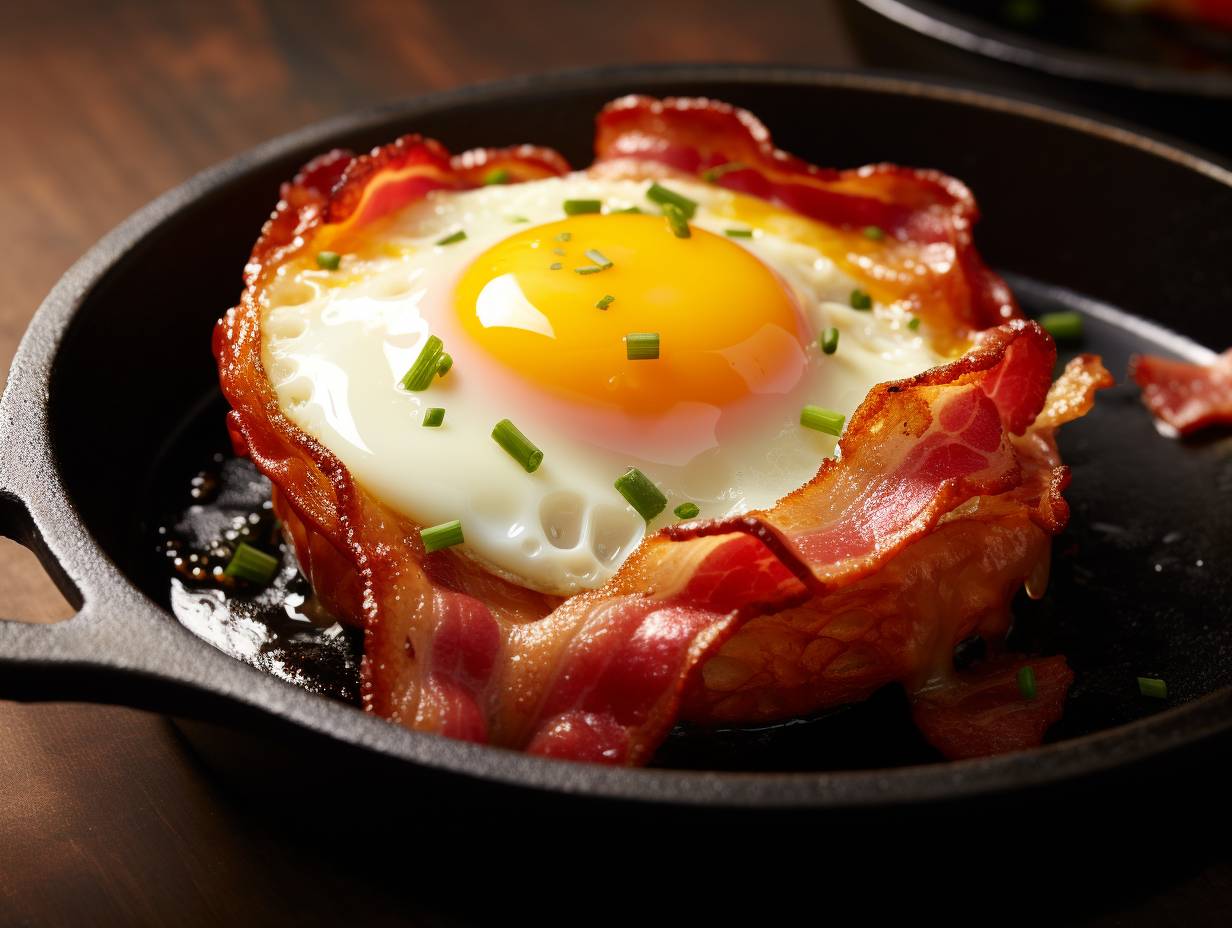 A perfectly cooked sunnysideup egg sizzling in an air fryer basket surrounded by crispy bacon