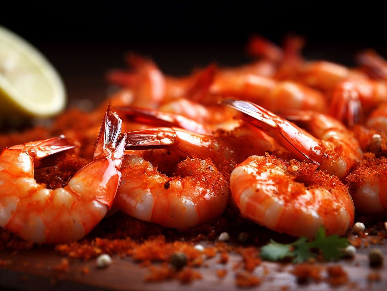 Closeup of Argentine Red Shrimp coated in vibrant spices glistening and inviting