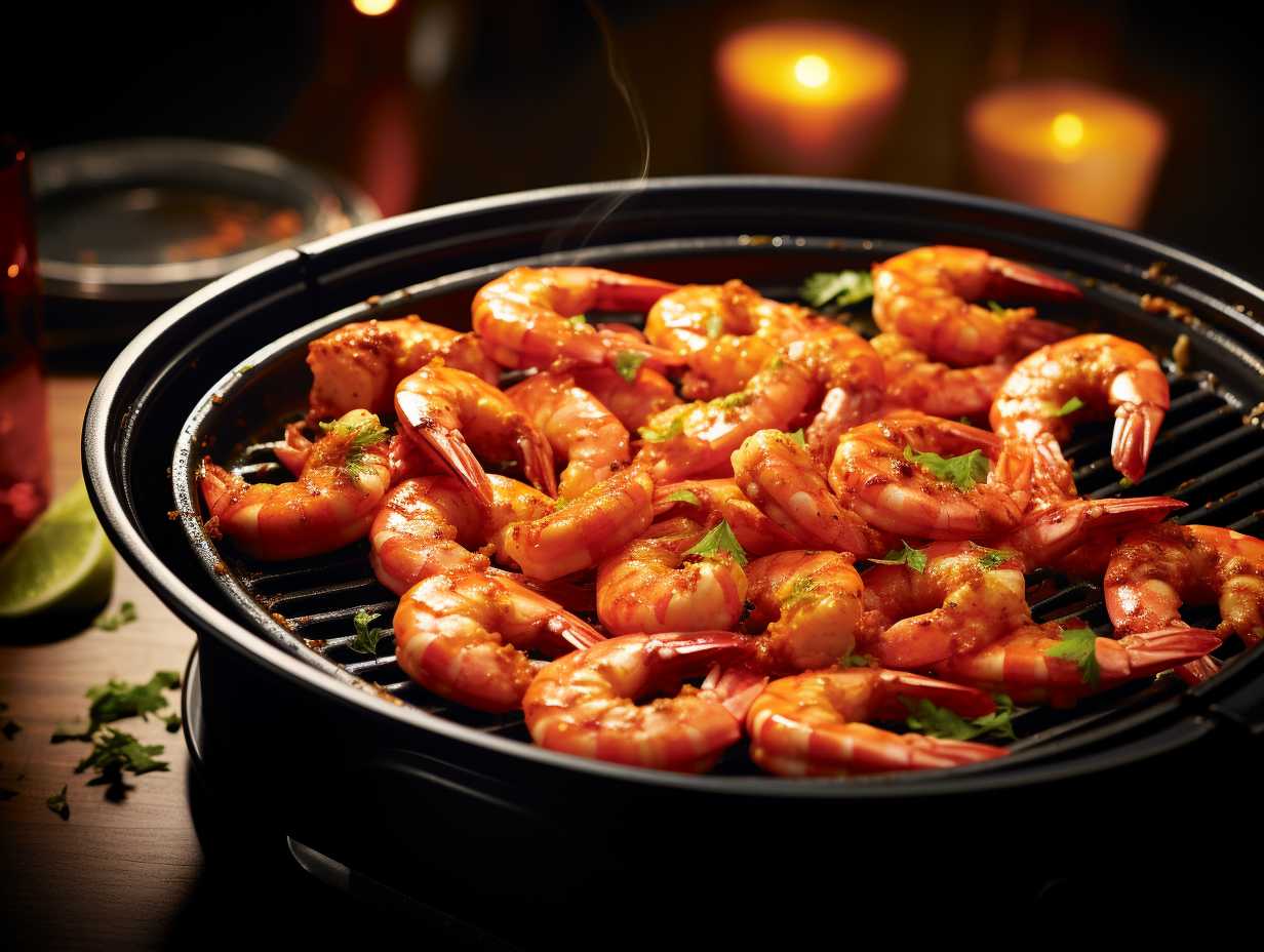 Succulent Argentine Red Shrimp sizzling in the air fryer with a crispy golden exterior and aromatic steam rising from the perfectly cooked dish.