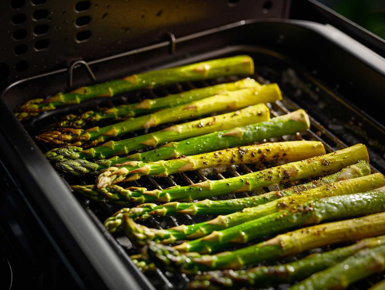 Fresh asparagus spears coated in olive oil and sprinkled with salt and pepper on an air fryer tray