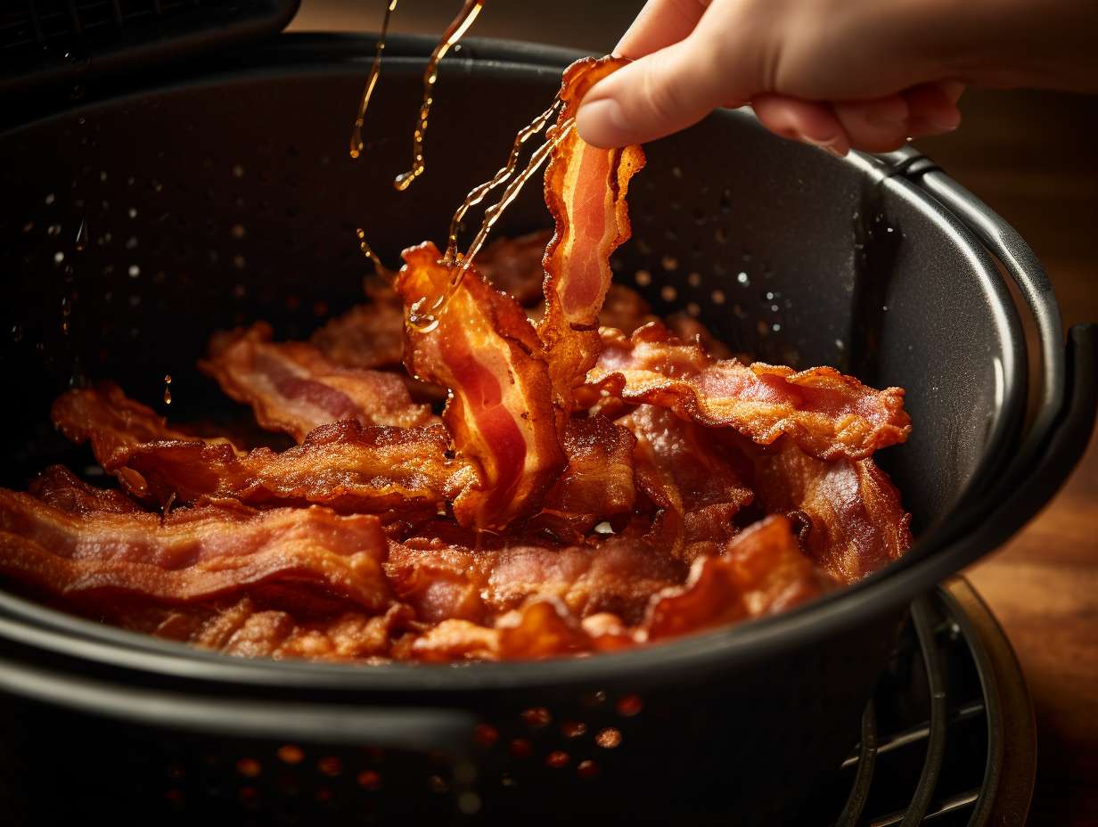 Goldenbrown crispy bacon strips being lifted from the Gowise Air Fryer basket by tongs with droplets of savory grease falling back into the appliance ready to be served