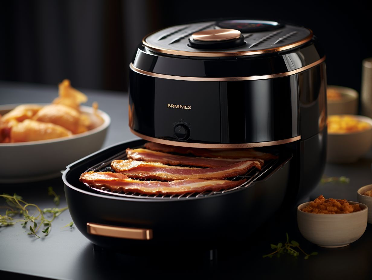 Crispy golden bacon strips sizzling in the Gowise Air Fryer basket