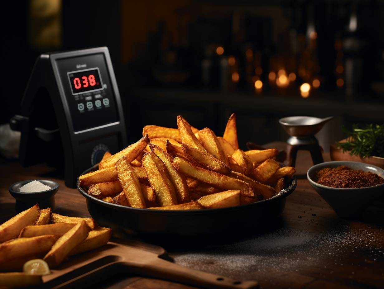 A basket of golden fries cooking in an air fryer set to 400F for 15 minutes