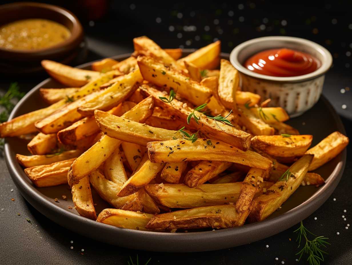 Golden-brown batch of crispy, seasoned bagged fries in an air fryer, accompanied by a small dish of dipping sauce