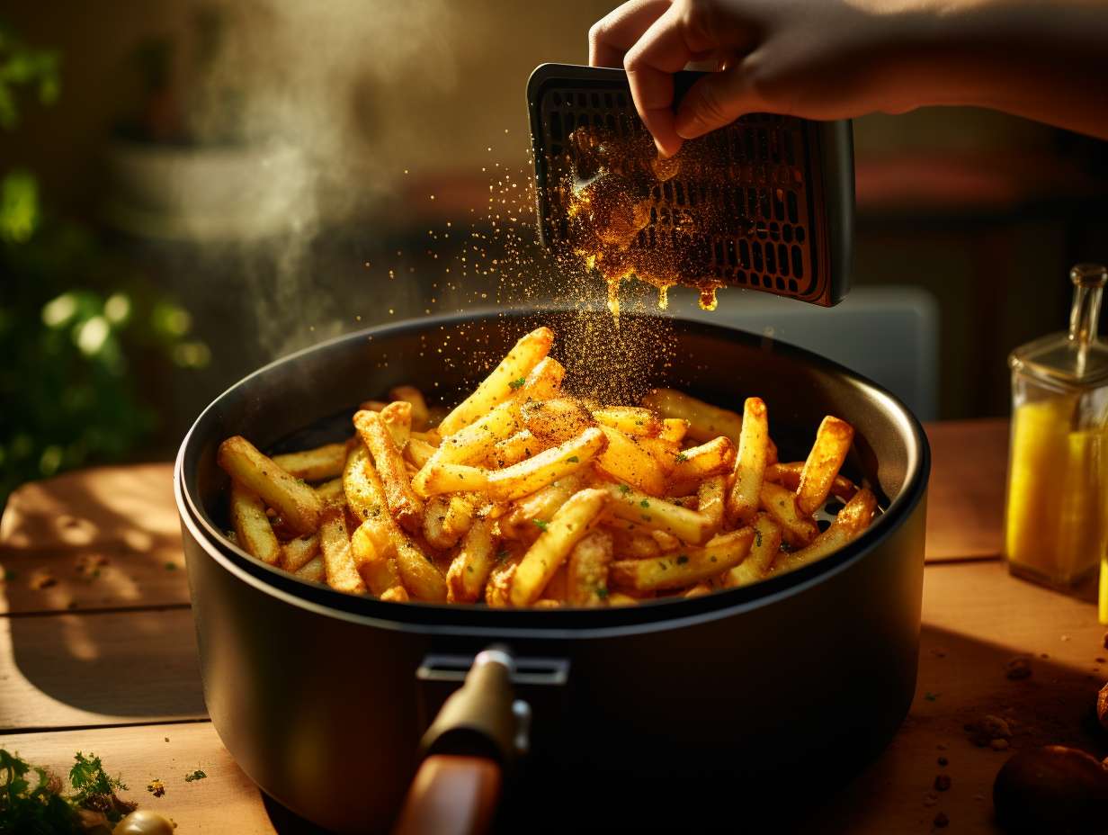 Hand pouring frozen fries into air fryer basket golden fries cascading down with excitement and anticipation