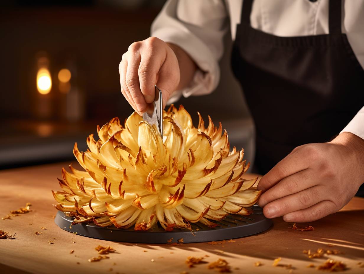 Hands skillfully slicing a blooming onion for the air fryer