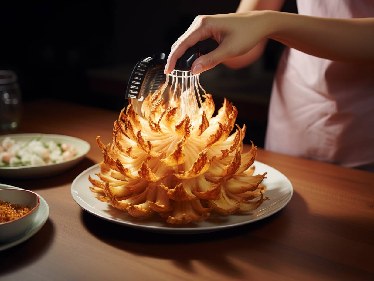 Hand holding a sharp knife slicing through layers of a blooming onion with an air fryer nearby