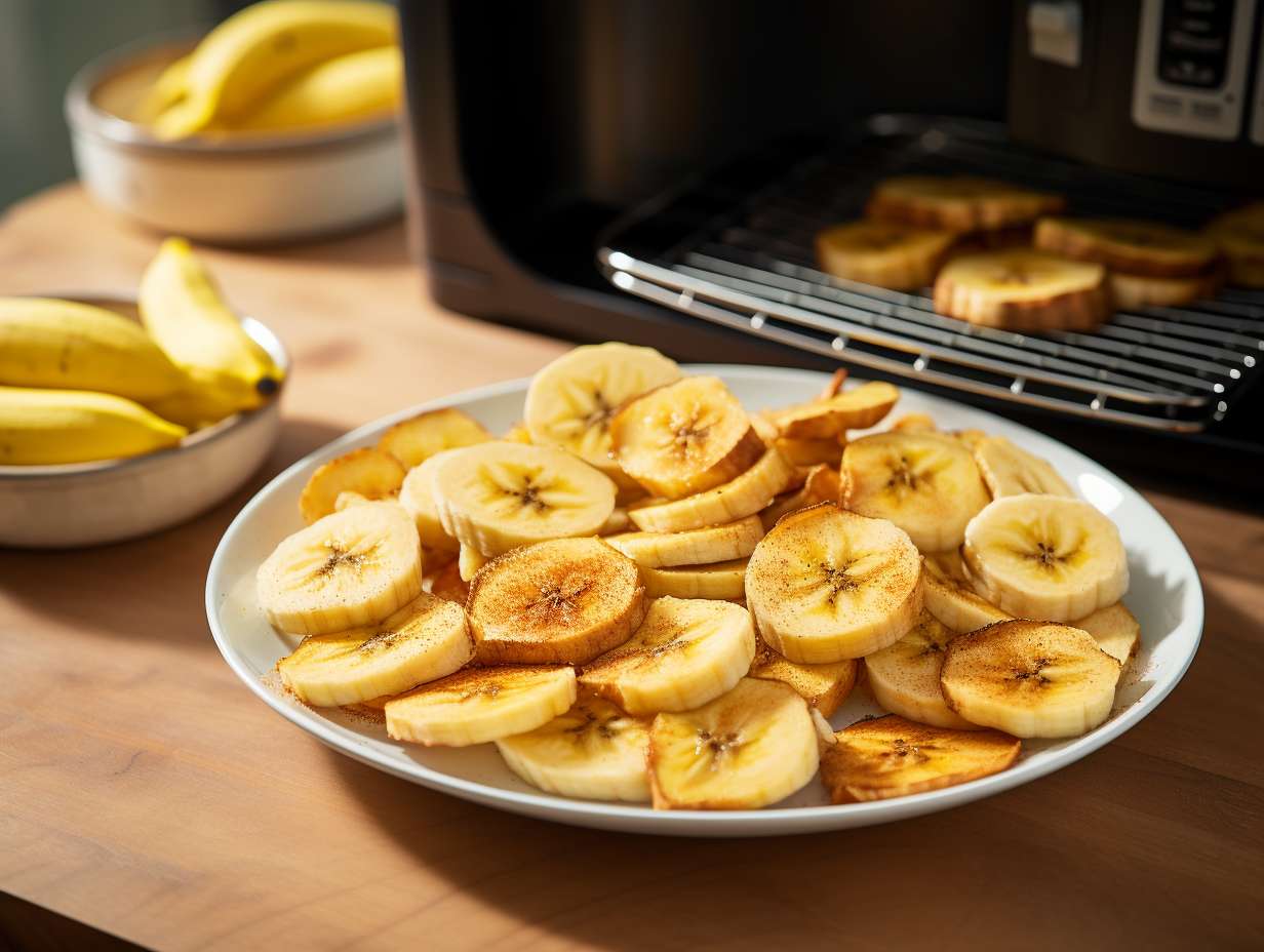 Peeling slicing and arranging bananas on a tray for dehydration in an air fryer