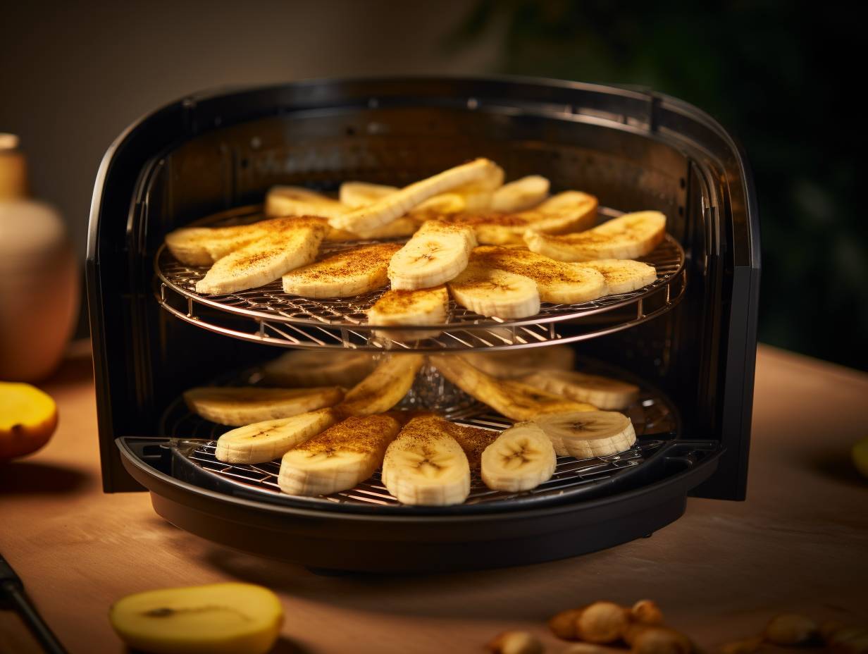 Closeup of sliced bananas on air fryer rack with transparent dehydrator lid checking on the dehydration process