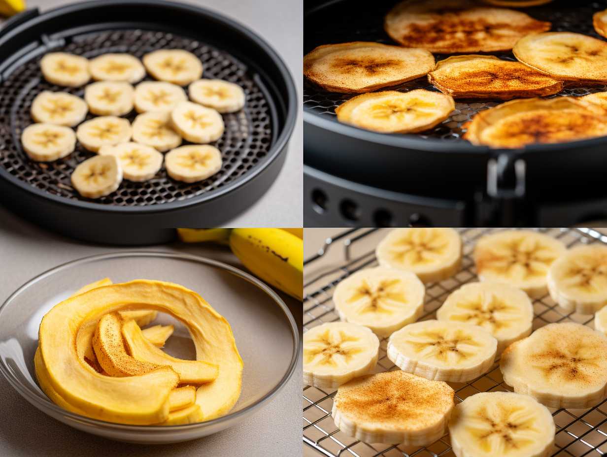 Step-by-step process of dehydrating bananas in an air fryer, including peeled bananas arranged on the air fryer rack, the air fryer set at the desired temperature, and perfectly dehydrated banana chips being removed.