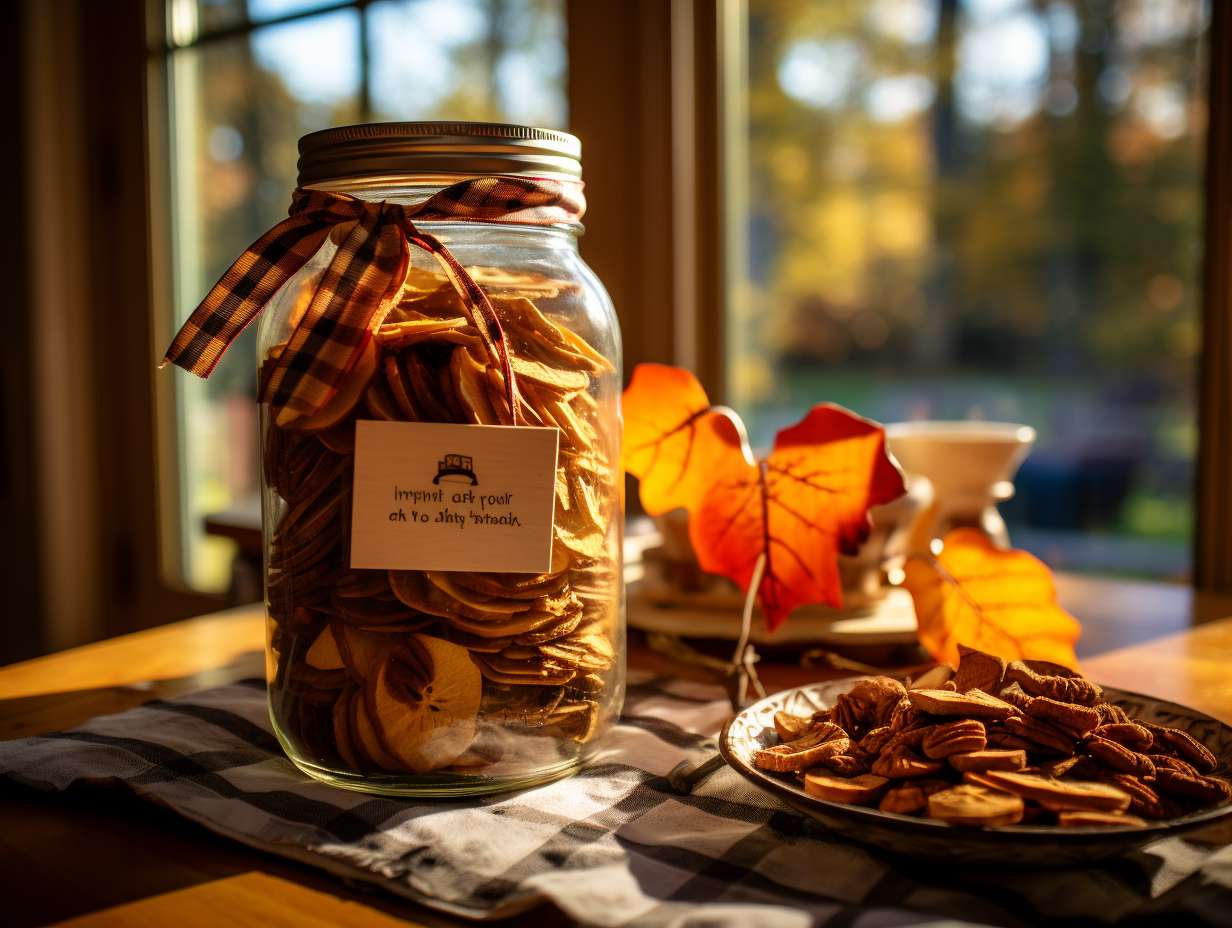 Neatly arranged mason jar filled with vibrant thinly sliced dried apple rings sealed with a rustic handwritten label placed against a backdrop of autumn leaves and a cozy sunlit kitchen counter