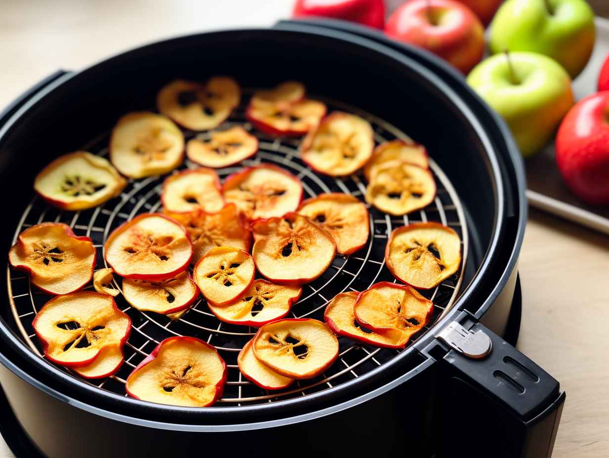 Slices of red and green apples arranged on an air fryer tray, with warm air gently drying them to perfection.