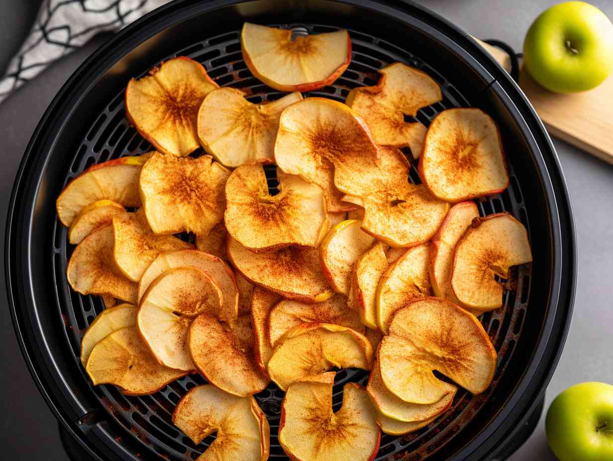 Slices of golden brown crispy apple arranged on an air fryer tray