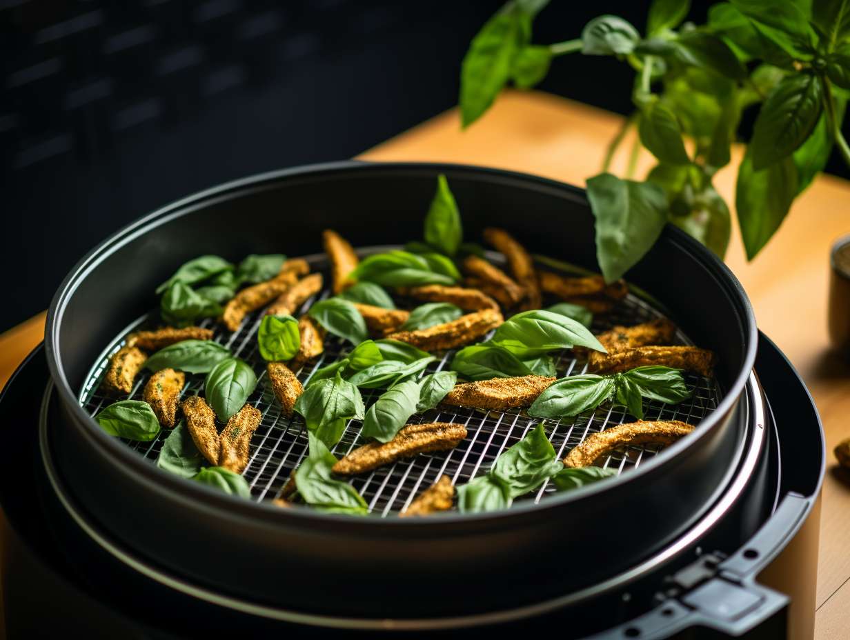 Fresh basil leaves arranged on the air fryer tray with a vibrant green color contrasting with the warm golden glow of the fryers interior