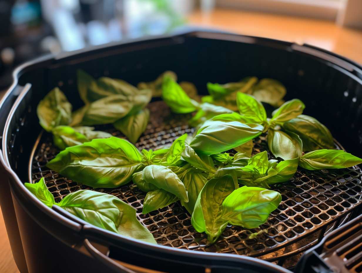 Basil leaves arranged in a single layer inside an air fryer basket with warm air gently drying the leaves