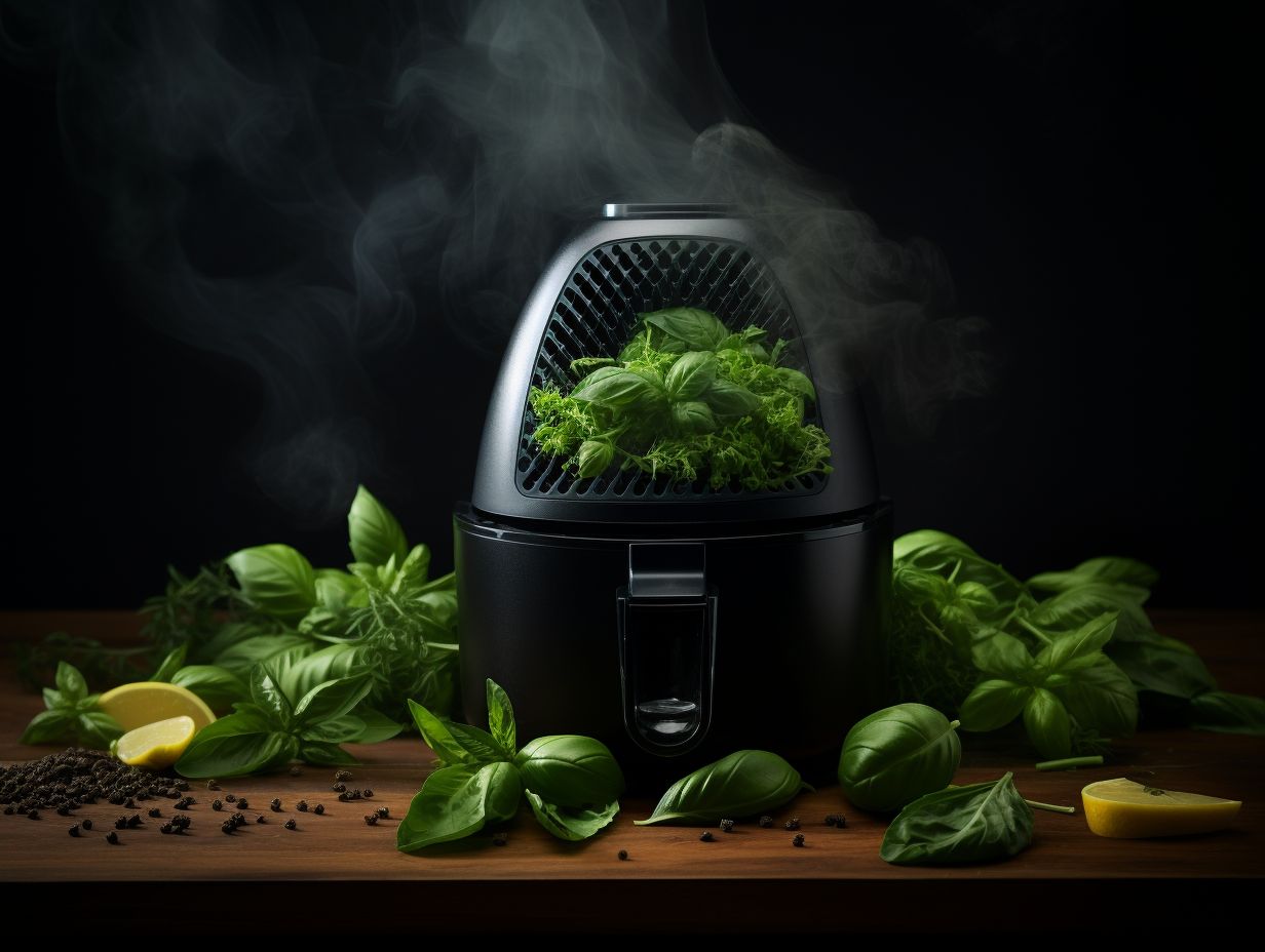 Fresh basil leaves gently placed inside an air fryer, with warm air circulating around, preserving the vibrant green color and capturing the aromatic essence of this herb.