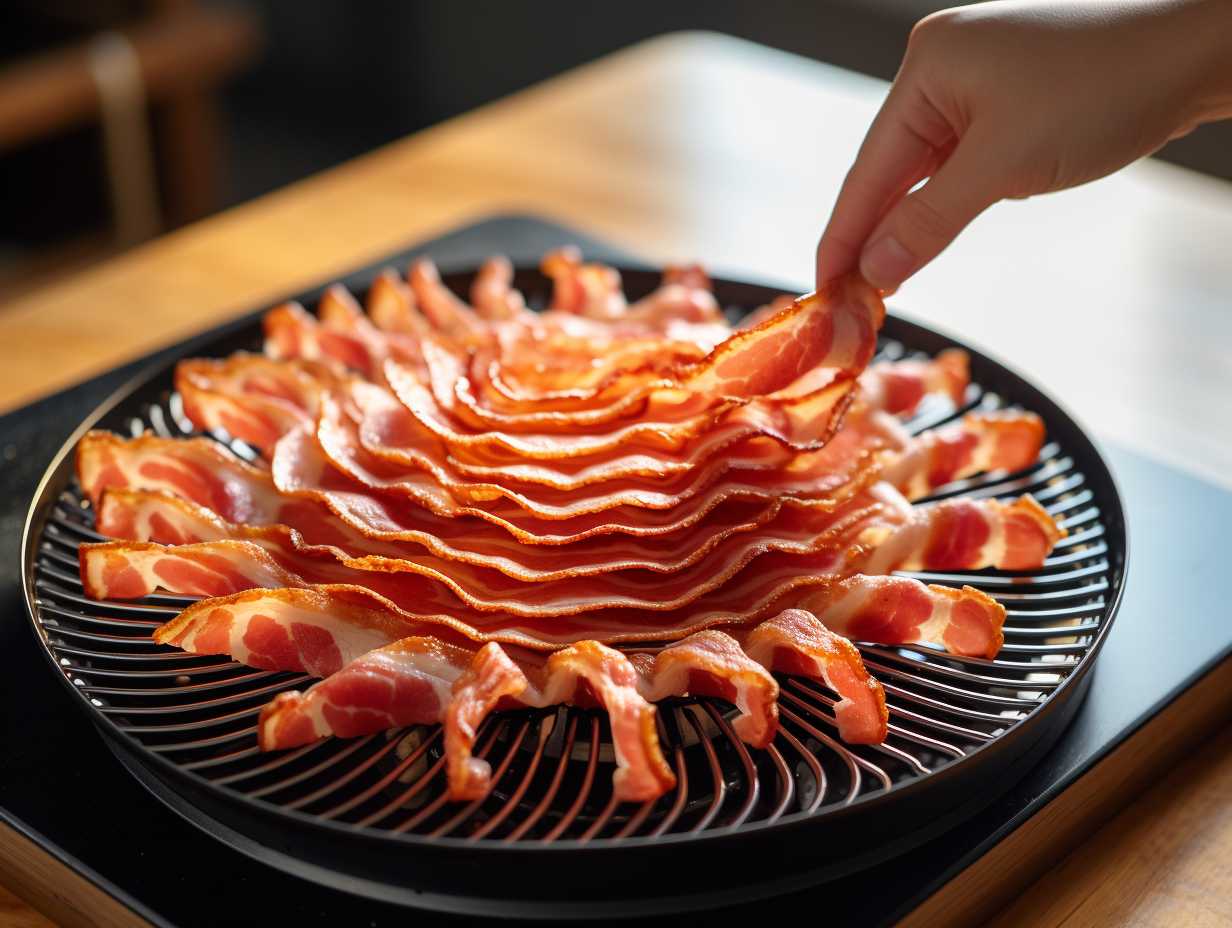 Bacon strips secured with toothpicks in an air fryer to prevent curling