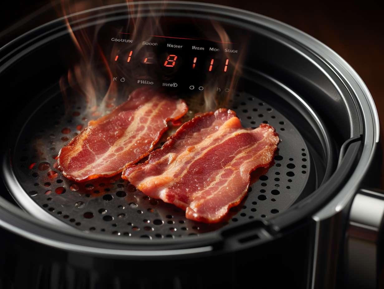 Crispy bacon strip in an air fryer with temperature and time settings highlighted