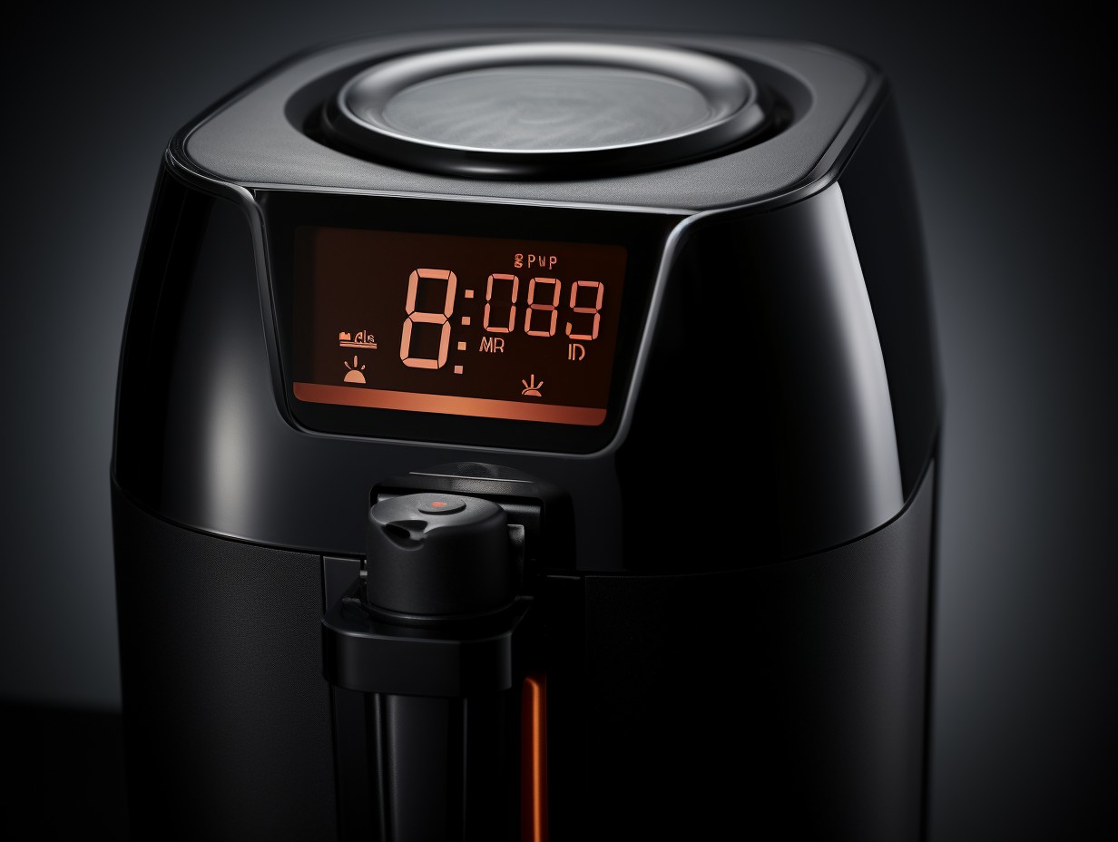 A sleek modern air fryer with visible heat waves emanating from its interior displaying the temperature dial set to the suggested preheating temperature