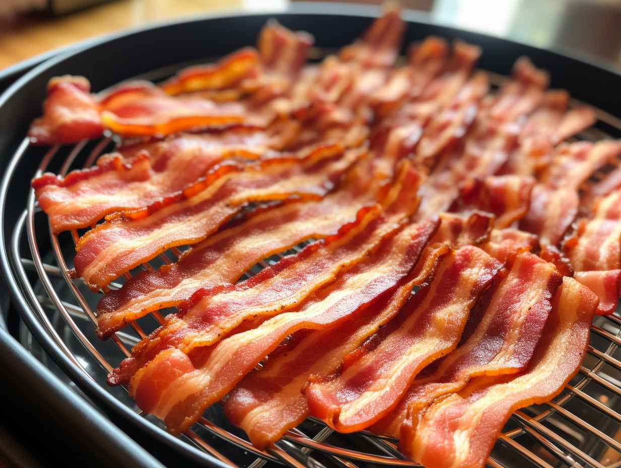 Neatly arranged strips of bacon in a single layer on an air fryer rack