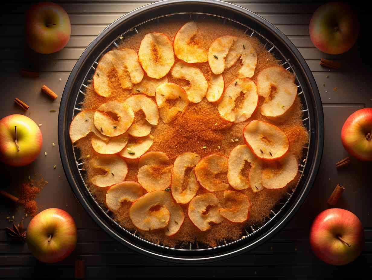 Closeup view of thinly sliced apple rings drying out on the air fryer tray with a timer nearby