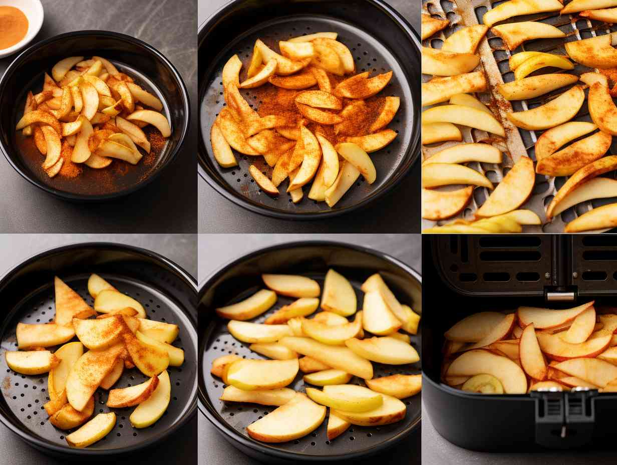 Step-by-step process of making freeze-dried apples in an air fryer, including slicing fresh apples, arranging them on the fryer tray, setting the temperature and time, and the final result.