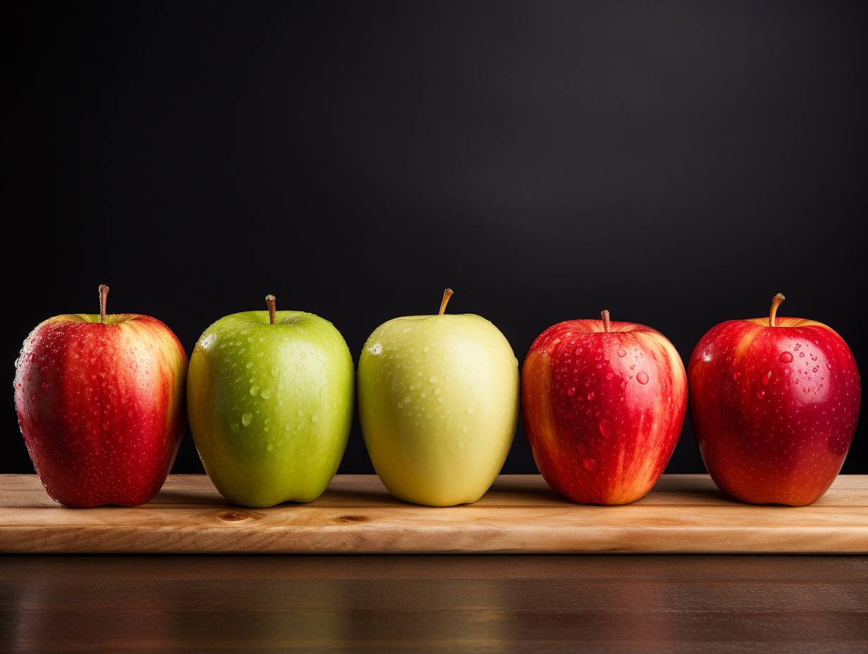 A row of fresh apples including Granny Smith Honeycrisp and Fuji neatly arranged and labeled with their names Each apple showcases its unique color texture and shape