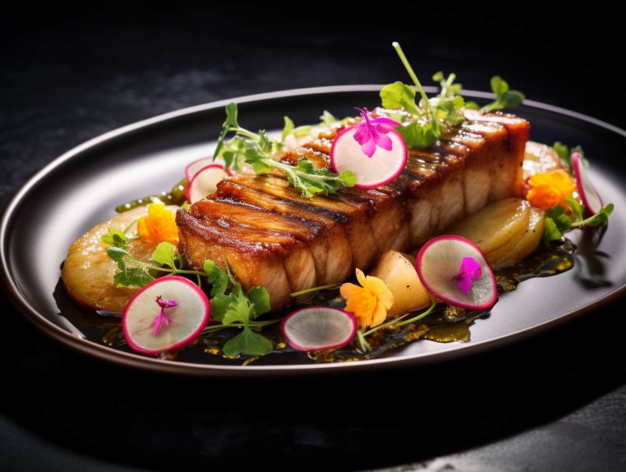 A beautifully plated dish of airfried pork belly with crispy exterior surrounded by fresh herbs sliced radishes and a drizzle of tangy sauce