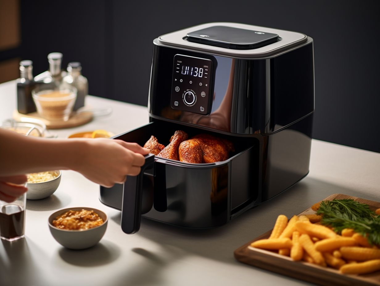 Person setting up an air fryer on clean countertop for cooking pork belly