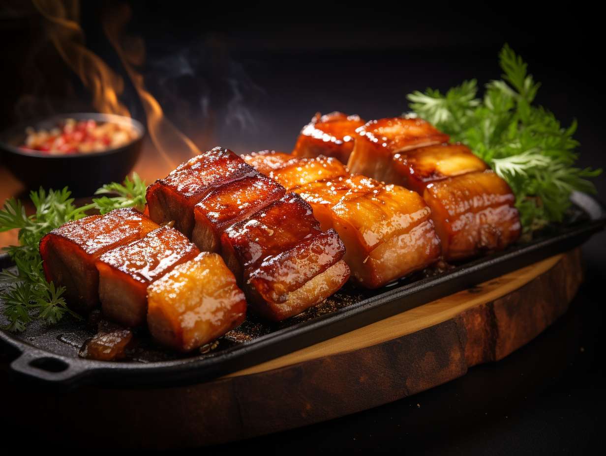 Sizzling golden brown slices of succulent pork belly in an air fryer