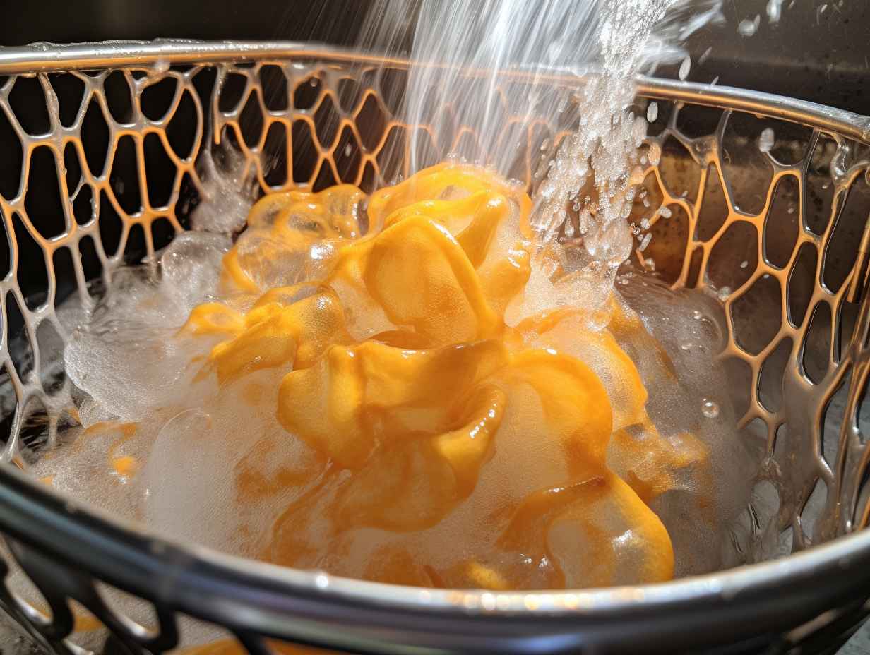 Air fryer basket submerged in steaming soapy water with bubbles forming around it