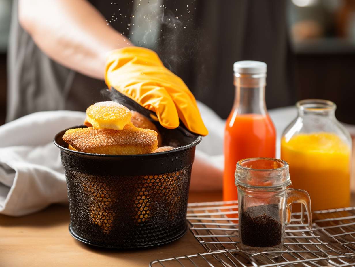 Closeup of an air fryer basket covered in bakedon grease with a spray bottle of vinegar a bowl of baking soda a sponge and a scrub brush nearby