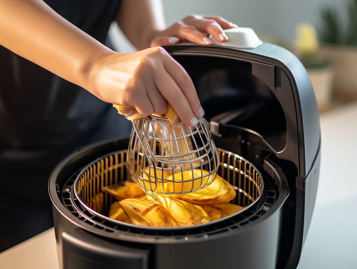 Clean and gleaming air fryer basket with protective cooking spray cloth wiping away grease residue and dishwashing brush removing stubborn spots