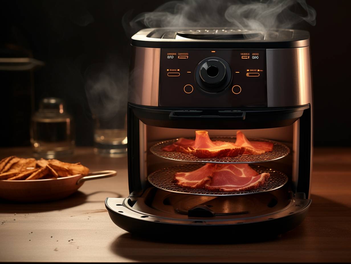 Air fryer with smoking strip of bacon inside temperature and time controls with arrow pointing to adjustment