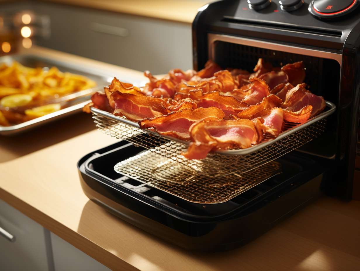 Bacon strips sizzling in an air fryer with a foillined drip tray underneath