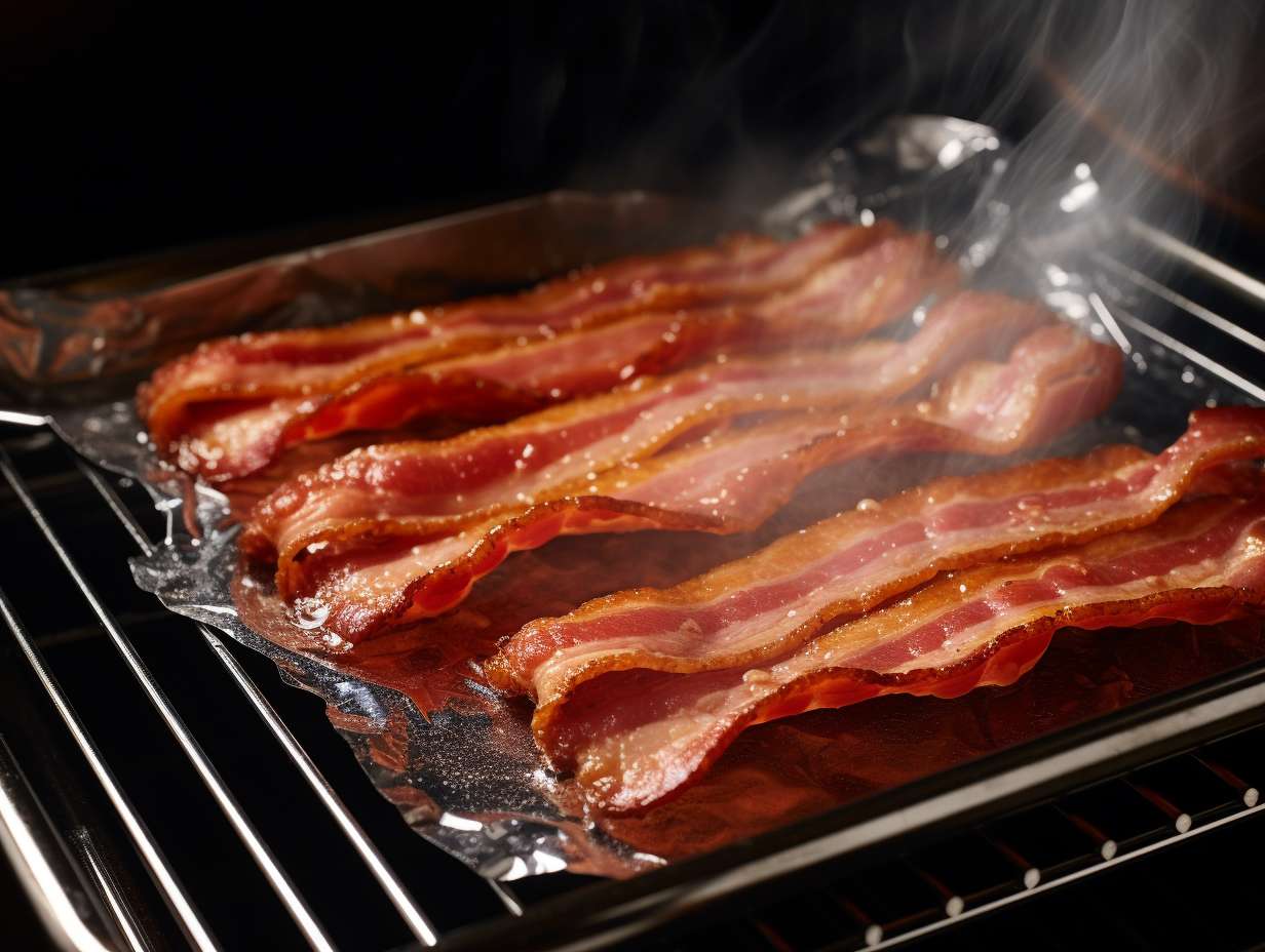 Closeup of bacon strips being gently coated with oil for air frying