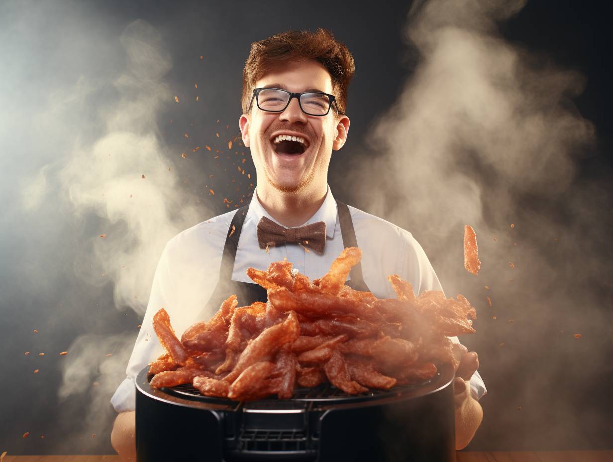 A smoke-free kitchen scene with an air fryer perfectly cooking crispy bacon, surrounded by a clean countertop and a happy cook.