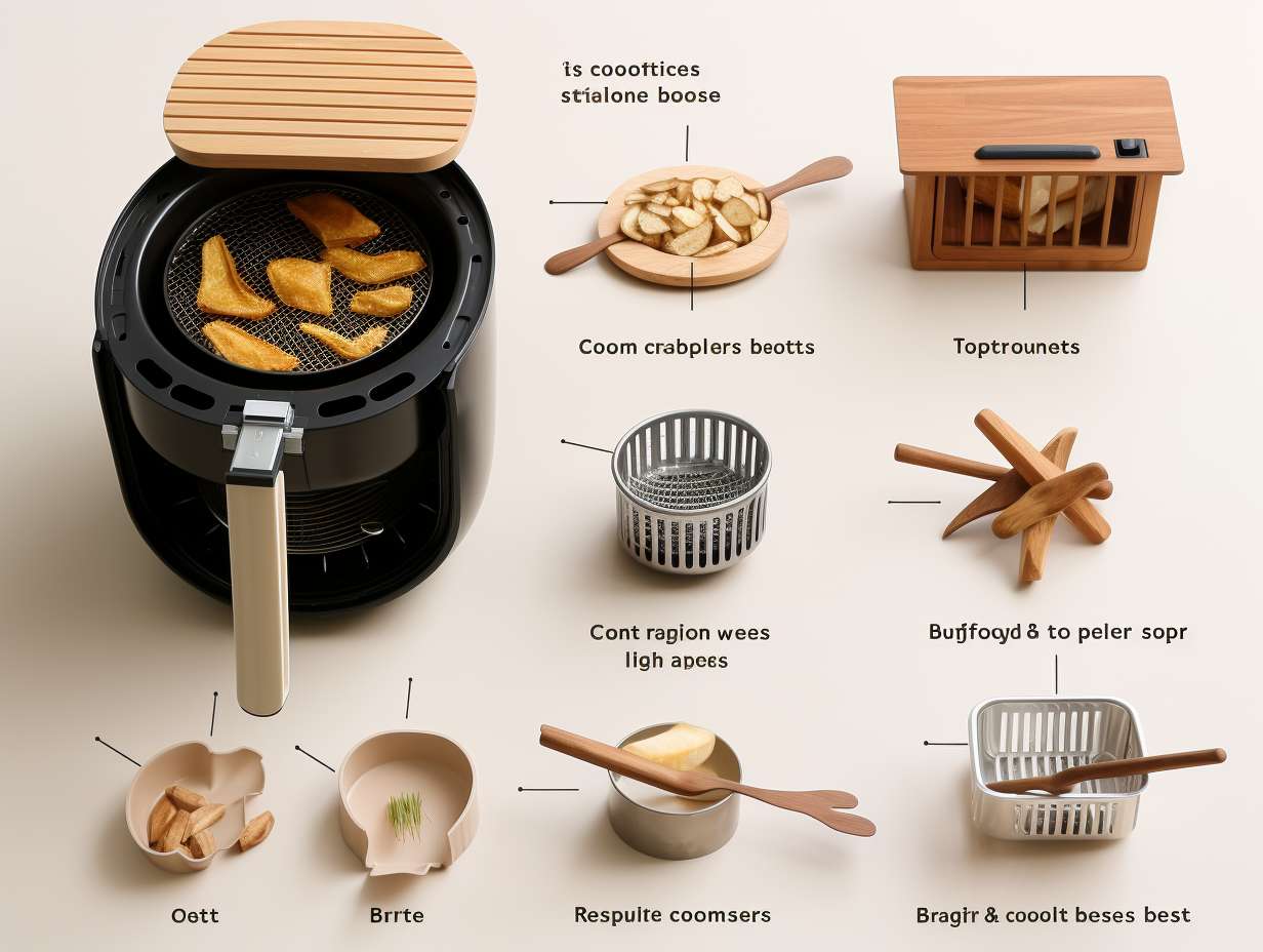 Stepbystep guide to reassembling the air fryer basket showing the placement alignment and securing of each component