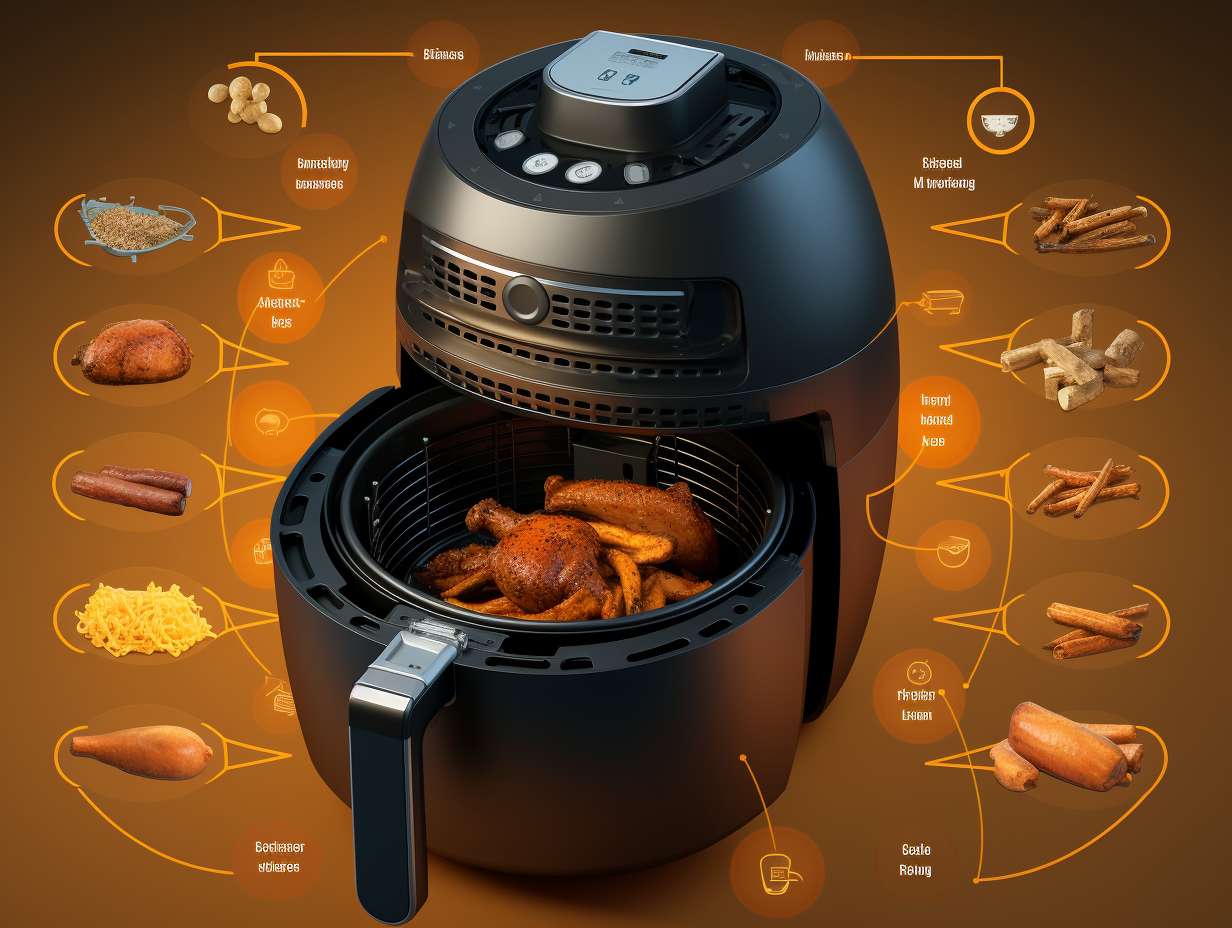 Step-by-step dismantling of an air fryer for cleaning, showing the removal of the basket, tray, and heating element with arrows indicating the sequence.