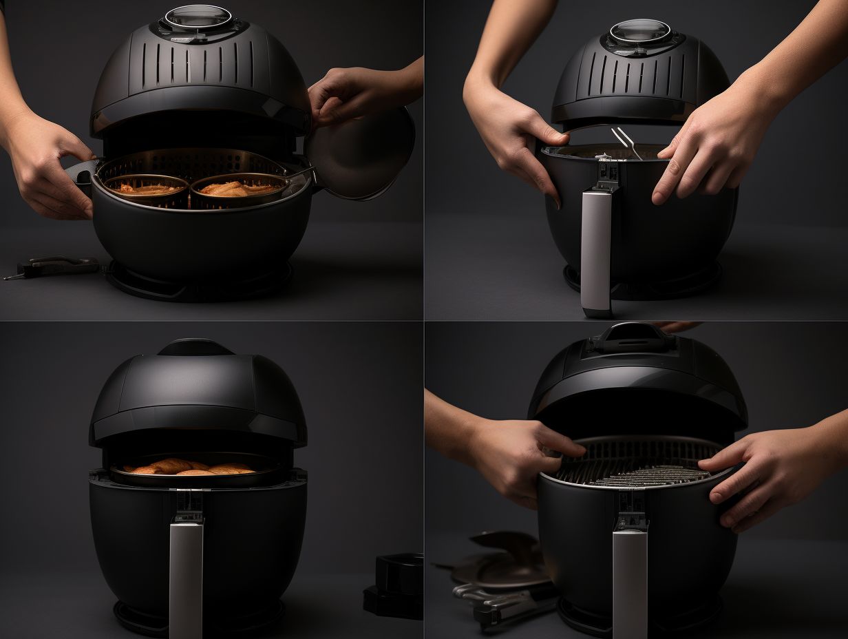 Stepbystep process of disassembling a Chefman Air Fryer showing the removal of the cooking basket and pan