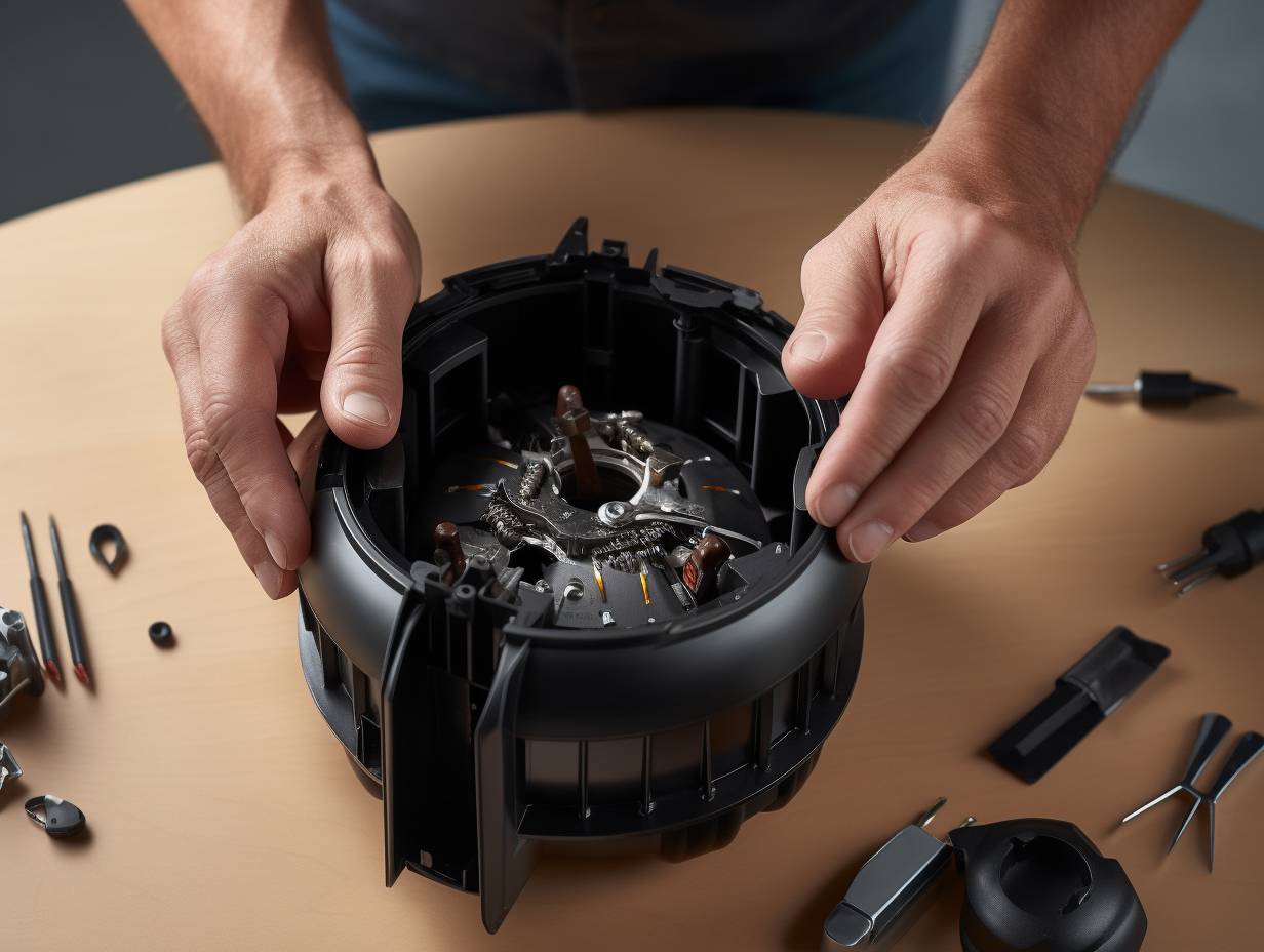 Closeup shot of a hand using a screwdriver to remove the screws from the outer casing of a Cuisinart Air Fryer revealing the internal components