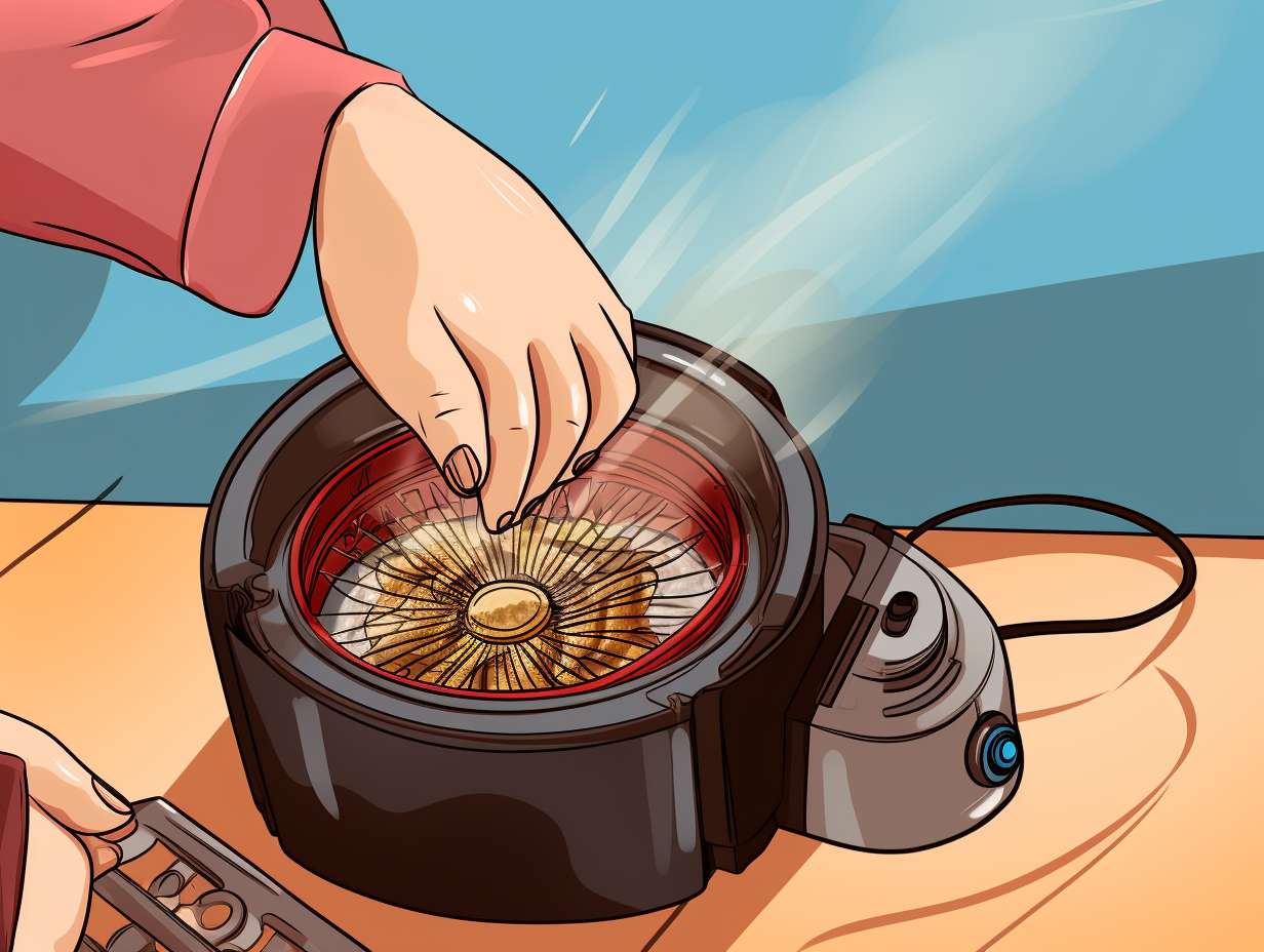 Person unplugging the power cord of an air fryer and a cooling fan blowing air