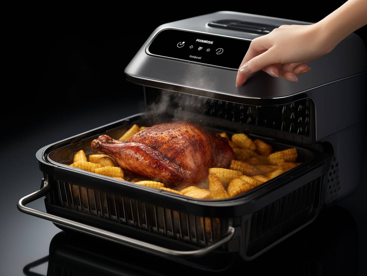 Stepbystep process of removing the cooking basket and food tray from the Nuwave Air Fryer