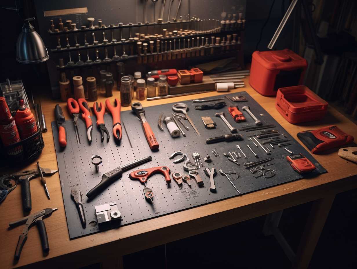 Neatly arranged Phillips screwdriver pliers small flathead screwdriver and tweezers on a welllit workspace